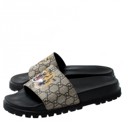 Pre Owned Gucci Beige GG Supreme Canvas Tiger Print Sandals Size 43