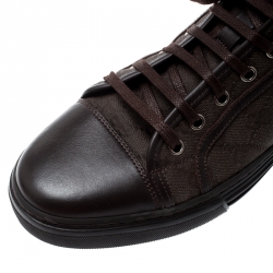 مملوكة مسبقًا حذاء رياضي غوتشي كانفاس GG وجلد بني برباط وعنق مرتفع مقاس 41.5