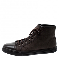 مملوكة مسبقًا حذاء رياضي غوتشي كانفاس GG وجلد بني برباط وعنق مرتفع مقاس 41.5