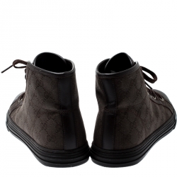 مملوكة مسبقًا حذاء رياضي غوتشي كانفاس GG وجلد بني برباط وعنق مرتفع مقاس 41.5