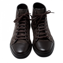 مملوكة مسبقًا حذاء رياضي غوتشي كانفاس GG وجلد بني برباط وعنق مرتفع مقاس 41.5