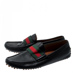 Pre Owned حذاء لوفرز غوتشي حواف ويب جلد أسود مقاس 41