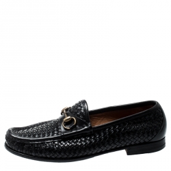 Gucci Black Woven Leather Hannover Horsebit Loafers Size 40