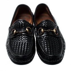 Gucci Black Woven Leather Hannover Horsebit Loafers Size 40