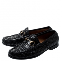 Gucci Black Woven Leather Hannover Horsebit Loafers Size 40