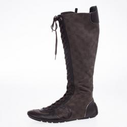 مملوكة مسبقًا Gucci Brown Lace Up Flat Knee Length Boots Size 39