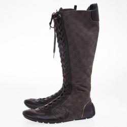 مملوكة مسبقًا Gucci Brown Lace Up Flat Knee Length Boots Size 39