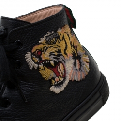 Gucci Black Leather Tiger Patch High Top Sneakers Size 42