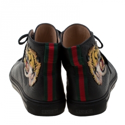 Gucci Black Leather Tiger Patch High Top Sneakers Size 42