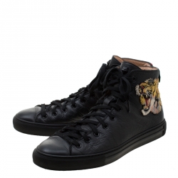Gucci Black Leather Tiger Patch High Top Sneakers Size 42