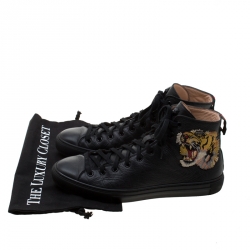 Gucci Black Leather Tiger Patch High Top Sneakers Size 42