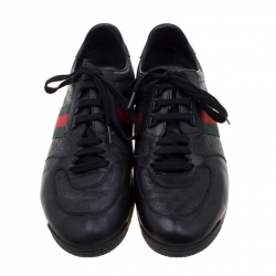 مملوكة مسبقًا حذاء رياضي غوتشي جلد مايكرو غوتشيسيمو أسود نمط ويب برباط مقاس 43.5