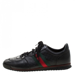 Gucci Black Micro Guccissima Leather Web Detail Lace Up Sneakers Size 43.5