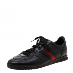 Gucci Black Micro Guccissima Leather Web Detail Lace Up Sneakers Size 43.5