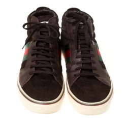 Pre Owned Gucci Brown GG Suede And Leather Web Detail High Top Sneakers Size 44