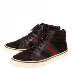 Pre Owned Gucci Brown GG Suede And Leather Web Detail High Top Sneakers Size 44