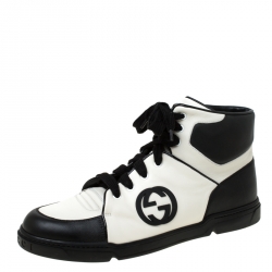 Gucci Black/White GG Interlocking Leather Lace Up High Top Sneakers Size 44.5