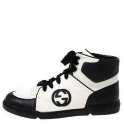 Gucci Black/White GG Interlocking Leather Lace Up High Top Sneakers Size 44.5