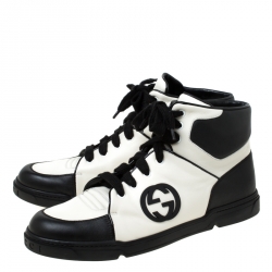 Gucci Black/White GG Interlocking Leather Lace Up High Top Sneakers Size 44.5
