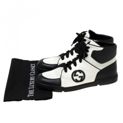 Gucci Black/White GG Interlocking Leather Lace Up High Top Sneakers Size 44.5