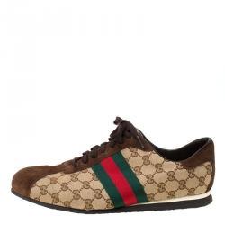 Gucci Beige/Brown GG Canvas and Suede Classic Web Lace Up Sneakers Size 45.5