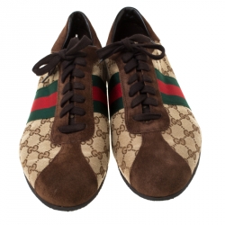 Gucci Beige/Brown GG Canvas and Suede Classic Web Lace Up Sneakers Size 45.5
