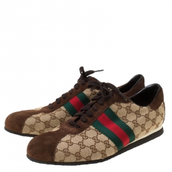 Gucci Beige/Brown GG Canvas and Suede Classic Web Lace Up Sneakers Size 45.5