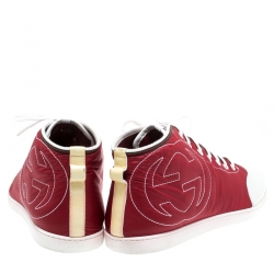 Pre Owned Gucci Red Nylon Fabric And White Leather High Top Sneakers Size 43
