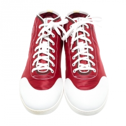 Pre Owned Gucci Red Nylon Fabric And White Leather High Top Sneakers Size 43