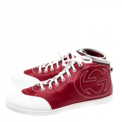 Pre Owned Gucci Red Nylon Fabric And White Leather High Top Sneakers Size 43