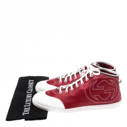 Pre Owned Gucci Red Nylon Fabric And White Leather High Top Sneakers Size 43