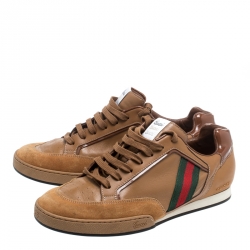 Gucci Brown Web Leather and Suede Tennis 83 Lace Up Sneakers Size 40