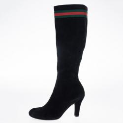 Pre Owned Gucci Black Suede Web Detail Knee Length Boots Size 39.5