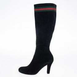 Pre Owned Gucci Black Suede Web Detail Knee Length Boots Size 39.5