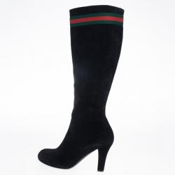 Pre Owned Gucci Black Suede Web Detail Knee Length Boots Size 39.5