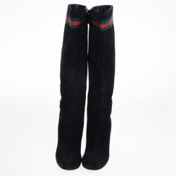 Pre Owned Gucci Black Suede Web Detail Knee Length Boots Size 39.5