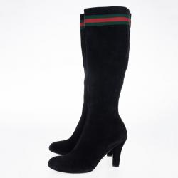 Pre Owned Gucci Black Suede Web Detail Knee Length Boots Size 39.5