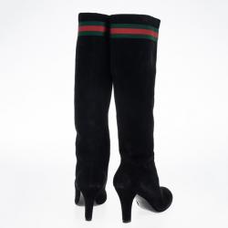 Pre Owned Gucci Black Suede Web Detail Knee Length Boots Size 39.5