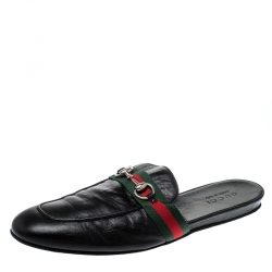 Gucci Black Leather Web Horsebit Slip On Slippers Size 43