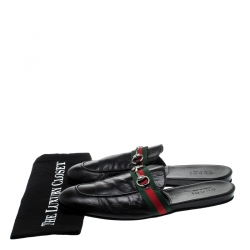 Gucci Black Leather Web Horsebit Slip On Slippers Size 43