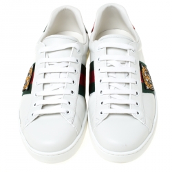 مملوكة مسبقًا Gucci White Leather Ace Embroidered Tiger Low Top Sneakers Size 42