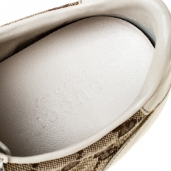 Gucci White Leather And Beige Guccissima Canvas Interlocking GG Sneakers Size 43.5