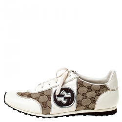 Gucci White Leather And Beige Guccissima Canvas Interlocking GG Sneakers Size 43.5