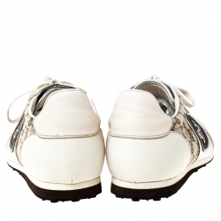 Gucci White Leather And Beige Guccissima Canvas Interlocking GG Sneakers Size 43.5