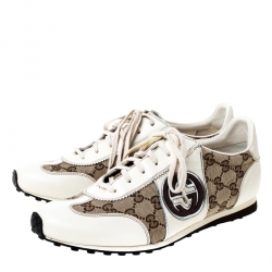 Gucci White Leather And Beige Guccissima Canvas Interlocking GG Sneakers Size 43.5