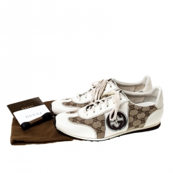 Gucci White Leather And Beige Guccissima Canvas Interlocking GG Sneakers Size 43.5