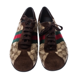 Gucci Beige/Brown GG Canvas And Suede Web Low Top Sneakers Size 43