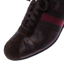 Gucci Brown GG Leather And Suede Web Low Top Sneakers Size 42.5