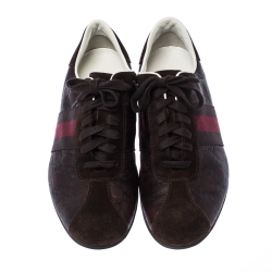 Gucci Brown GG Leather And Suede Web Low Top Sneakers Size 42.5