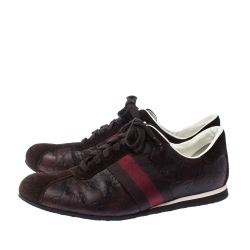 Gucci Brown GG Leather And Suede Web Low Top Sneakers Size 42.5
